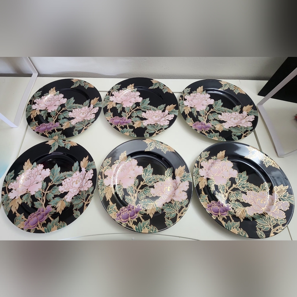 Vintage Cloisonne Peony Porcelain Plates, set of 6